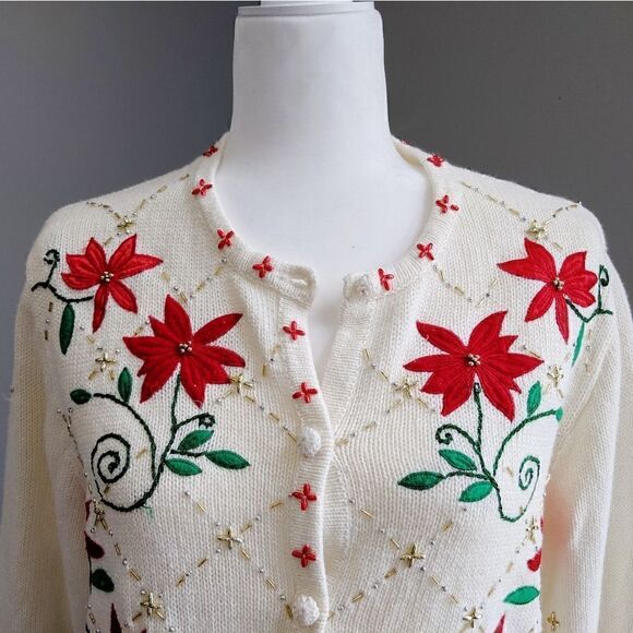 Ugly Christmas Beaded Embroidered Holiday Poinsettia Cardigan Size LP - Picture 4 of 8
